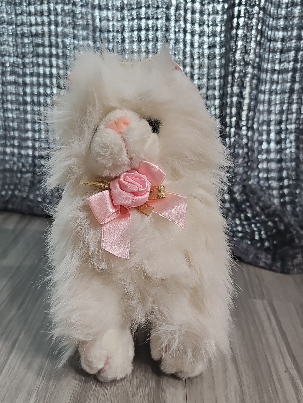 Plush White Kitten with Pink Ribbon